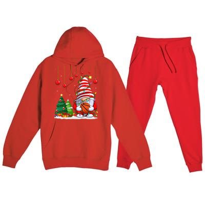 Christmas Gnome Holding A Basketball Ball Pajama Xmas Tree Gift Premium Hooded Sweatsuit Set