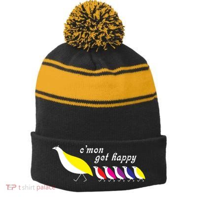 Cmon Get Happy Bird Vintage Retro Stripe Pom Pom Beanie