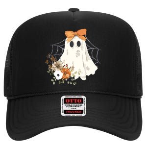 Coquette Ghost Halloween Flower Ghost Spooky Lace Ghost High Crown Mesh Back Trucker Hat