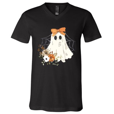 Coquette Ghost Halloween Flower Ghost Spooky Lace Ghost V-Neck T-Shirt