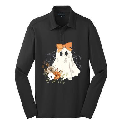 Coquette Ghost Halloween Flower Ghost Spooky Lace Ghost Silk Touch Performance Long Sleeve Polo