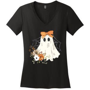 Coquette Ghost Halloween Flower Ghost Spooky Lace Ghost Women's V-Neck T-Shirt