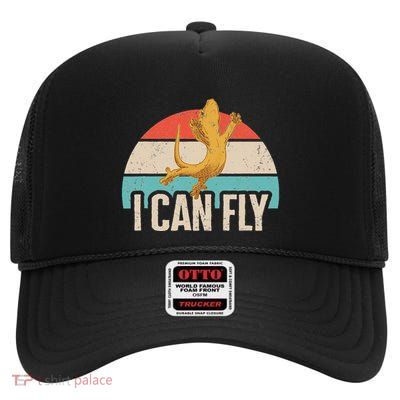 Crested Gecko I Can Fly Eyelash Lizard Retro Herpetologist High Crown Mesh Back Trucker Hat