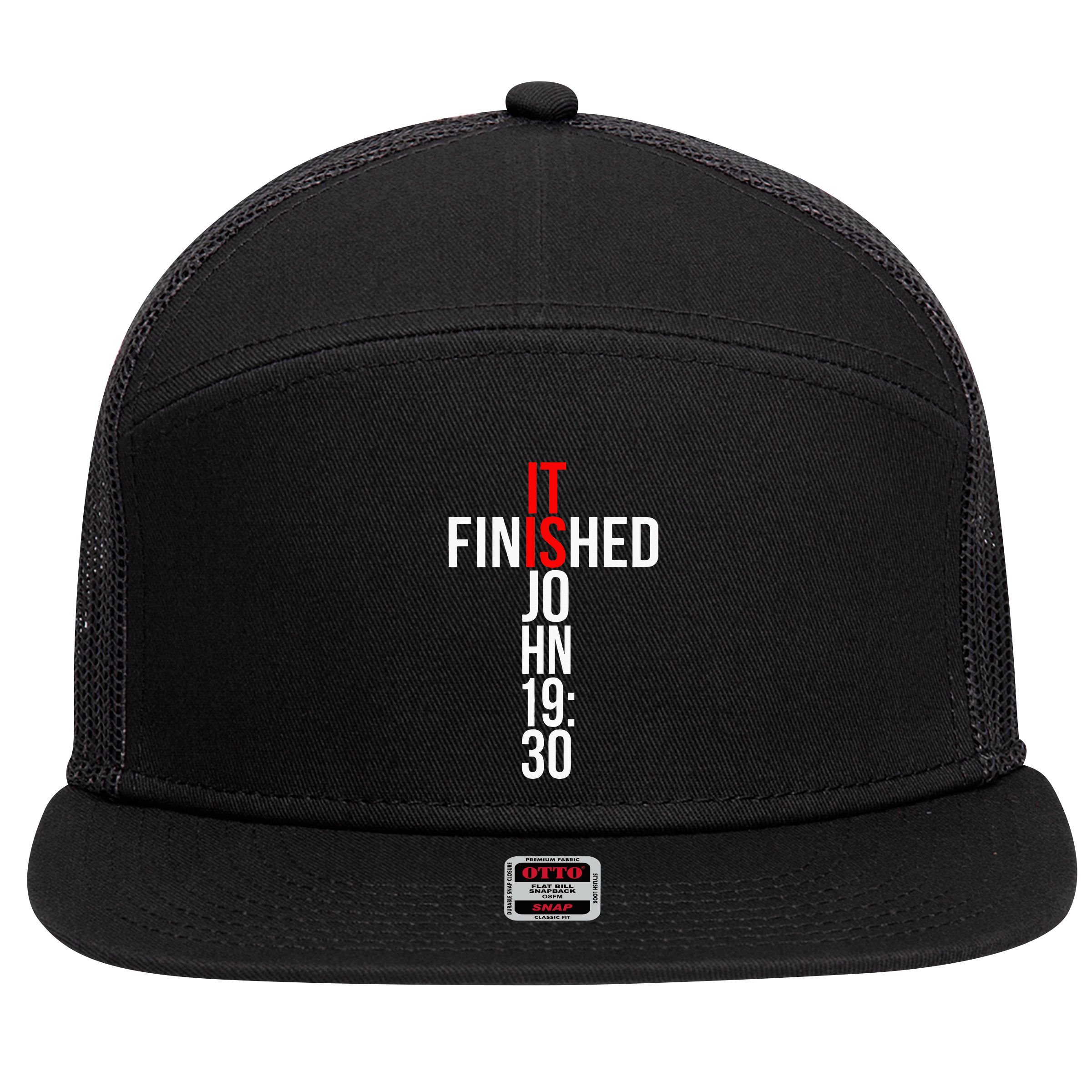Christian Gift Idea It Is Finished Gospel Bible Verse 7 Panel Mesh Trucker Snapback Hat