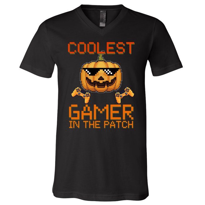 Coolest Gamer In The Patch Pumpkin Halloween V-Neck T-Shirt