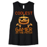 Coolest Gamer In The Patch Pumpkin Halloween Women's Racerback Cropped Tank