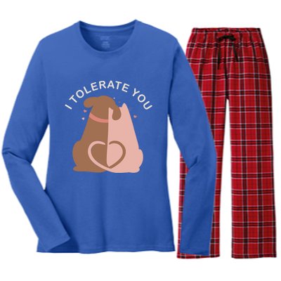 Couples Gift I Tolerate You Cat And Dog Husband Wife Gift Women's Long Sleeve Flannel Pajama Set 