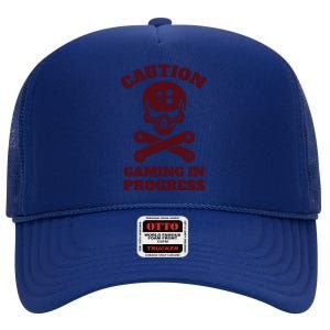 Caution Gaming In Progress High Crown Mesh Back Trucker Hat