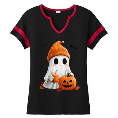 Cute Ghost Ing Pumpkin Spice Latte Vintage Halloween Gift Ladies Halftime Notch Neck Tee