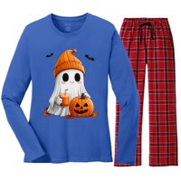 Cute Ghost Ing Pumpkin Spice Latte Vintage Halloween Gift Women's Long Sleeve Flannel Pajama Set 