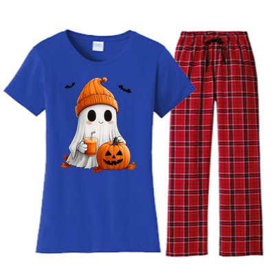 Cute Ghost Ing Pumpkin Spice Latte Vintage Halloween Gift Women's Flannel Pajama Set