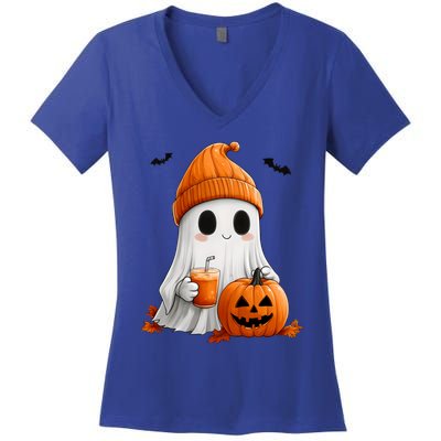 Cute Ghost Ing Pumpkin Spice Latte Vintage Halloween Gift Women's V-Neck T-Shirt