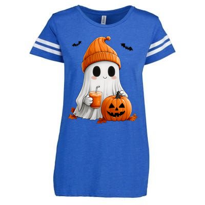 Cute Ghost Ing Pumpkin Spice Latte Vintage Halloween Gift Enza Ladies Jersey Football T-Shirt