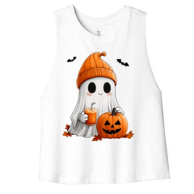 Cute Ghost Ing Pumpkin Spice Latte Vintage Halloween Gift Women's Racerback Cropped Tank