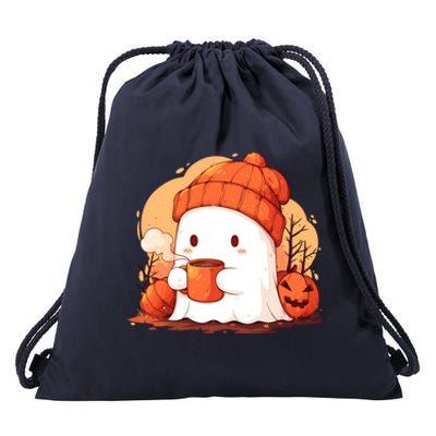 Cute Ghost Ing Autumn Pumpkin Season Coffee Lovers Great Gift Drawstring Bag