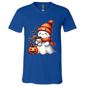 Cute Ghost Ing Coffee Halloween Ghost Coffee Gift V-Neck T-Shirt