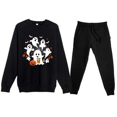 Cute Ghost Ing Coffee Halloween Pumpkin Coffee Funny Gift Premium Crewneck Sweatsuit Set