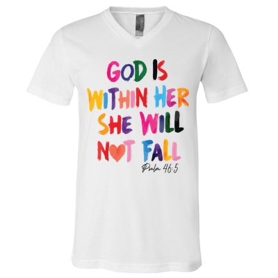 Christian God Is Within Her She Will Not Fall Christian Bible V-Neck T-Shirt