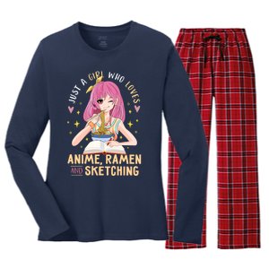 Cool Gift Just A Girl Who Loves Anime Ramen And Sketching Girl Anime Gift Women's Long Sleeve Flannel Pajama Set 