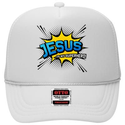 Christian Gift Jesus Is My Superhero Fun Comic Book High Crown Mesh Back Trucker Hat