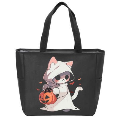 Cat Ghost Kawaii Neko Anime Halloween Costume Pumpkin Lover Zip Tote Bag