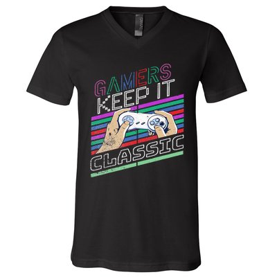 Classic Gamer Keep It Classic Gaming 80s 90s Vintage Cool V-Neck T-Shirt