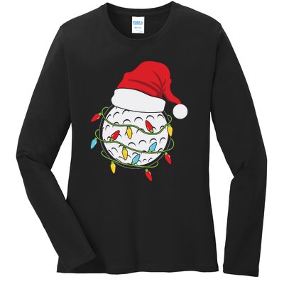 Christmas Golf Lights Santa Hat Funny Xmas Holiday Ladies Long Sleeve Shirt