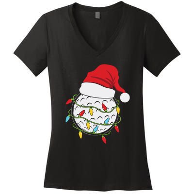 Christmas Golf Lights Santa Hat Funny Xmas Holiday Women's V-Neck T-Shirt