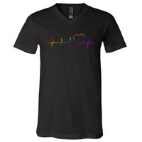 Cute Gift Lgbt Heartbeat Gift For Proud Gays & Lesbians V-Neck T-Shirt