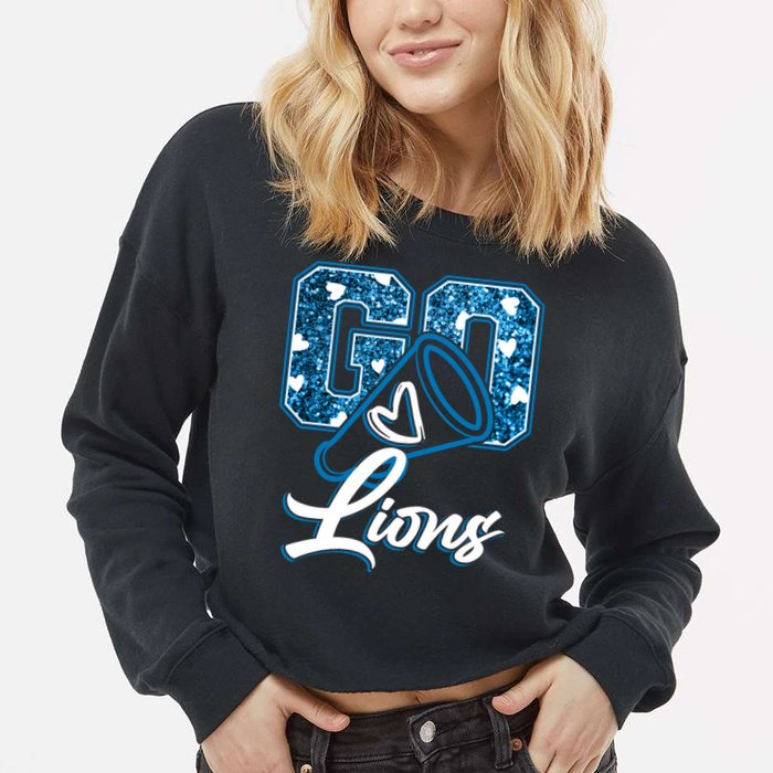 Cute Go Lions Cheer Megaphone Football Fan Cropped Pullover Crew