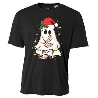 Cute Ghost Lights Tree Cake Merry Christmas Funny Xmas Cooling Performance Crew T-Shirt