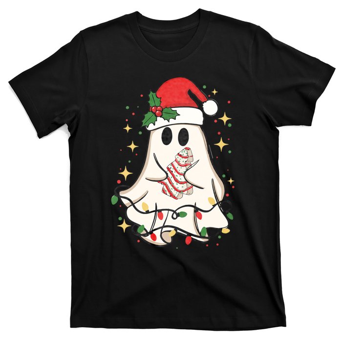 Cute Ghost Lights Tree Cake Merry Christmas Funny Xmas T-Shirt