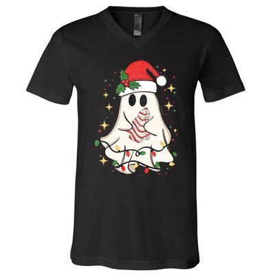 Cute Ghost Lights Tree Cake Merry Christmas Funny Xmas V-Neck T-Shirt