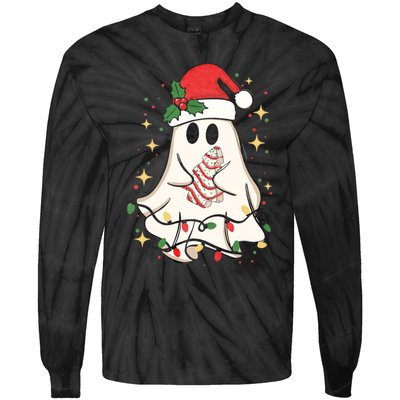 Cute Ghost Lights Tree Cake Merry Christmas Funny Xmas Tie-Dye Long Sleeve Shirt