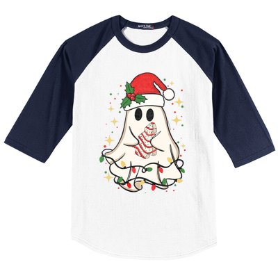 Cute Ghost Lights Tree Cake Merry Christmas Funny Xmas Baseball Sleeve Shirt