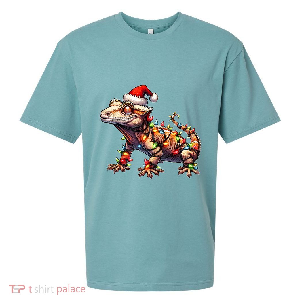 Crested Gecko Lizard Christmas Hat Xmas Sueded Cloud Jersey T-Shirt