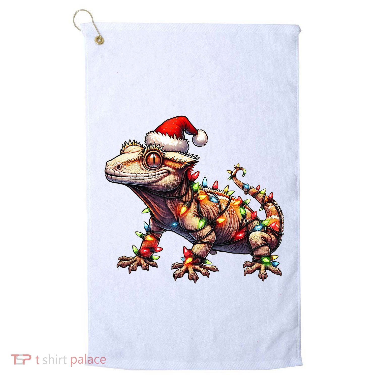 Crested Gecko Lizard Christmas Hat Xmas Golf Towel