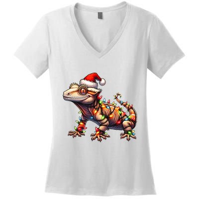 Crested Gecko Lizard Christmas Hat Xmas Women's V-Neck T-Shirt