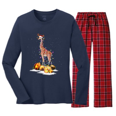 Cute Giraffe Lights Santa Hat Funny Xmas Tree Christmas Women's Long Sleeve Flannel Pajama Set 