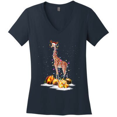 Cute Giraffe Lights Santa Hat Funny Xmas Tree Christmas Women's V-Neck T-Shirt