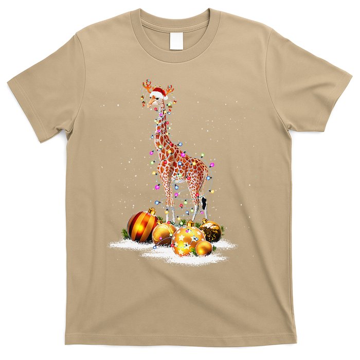 Cute Giraffe Lights Santa Hat Funny Xmas Tree Christmas T-Shirt