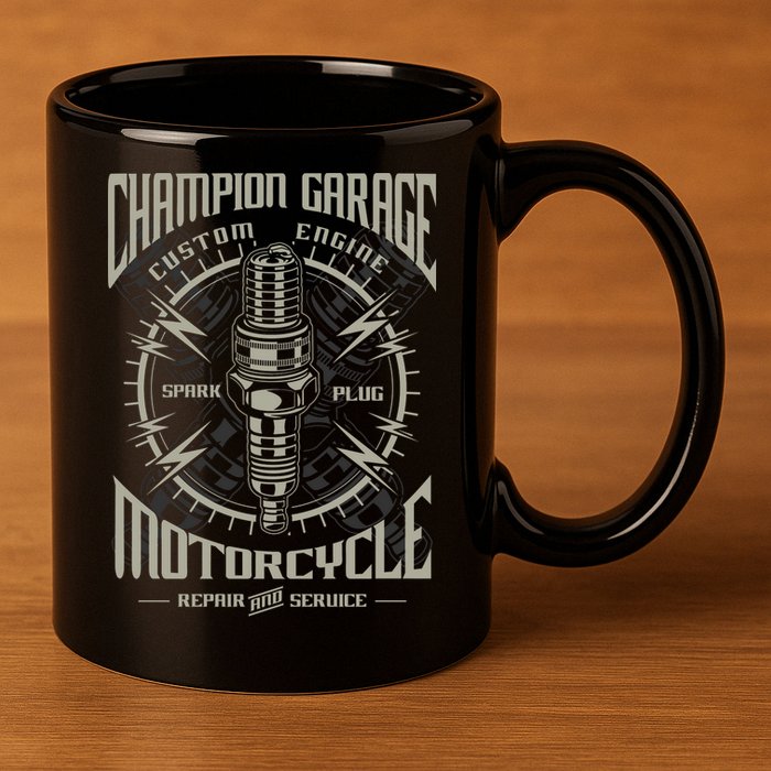 Champion Garage Motorcycle 11oz C Handle Ceramic Mug