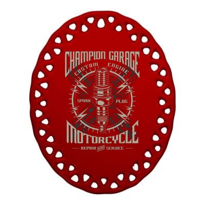 Champion Garage Motorcycle Ceramic Oval Ornament