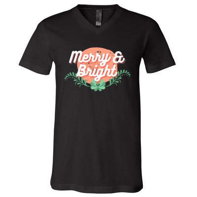 Christmas Graphic Merry And Bright Text Holiday V-Neck T-Shirt