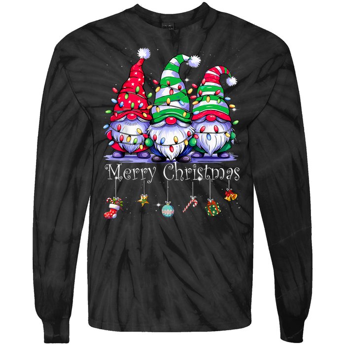 Cute Gnomes Merry Christmas Light Family Gnome Xmas Matching Tie-Dye Long Sleeve Shirt