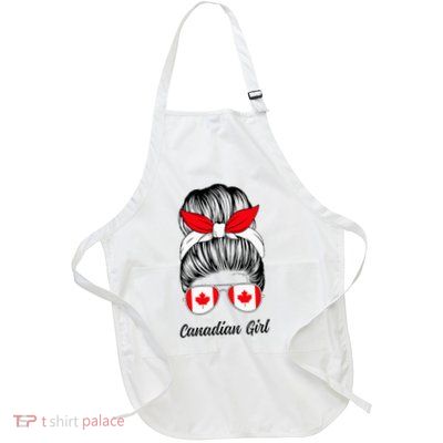 Canadian Girl Messy Bun Cute Canada Flag Pride Women Girls Full-Length Apron With Pockets