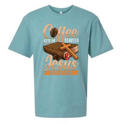 Coffee Gets Me Started Jesus Keeps Me Going Bible Christian Gift Sueded Cloud Jersey T-Shirt