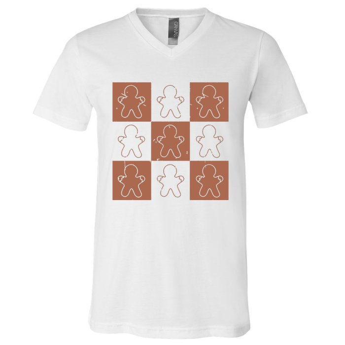 Checkered Gingerbread Man Retro V-Neck T-Shirt