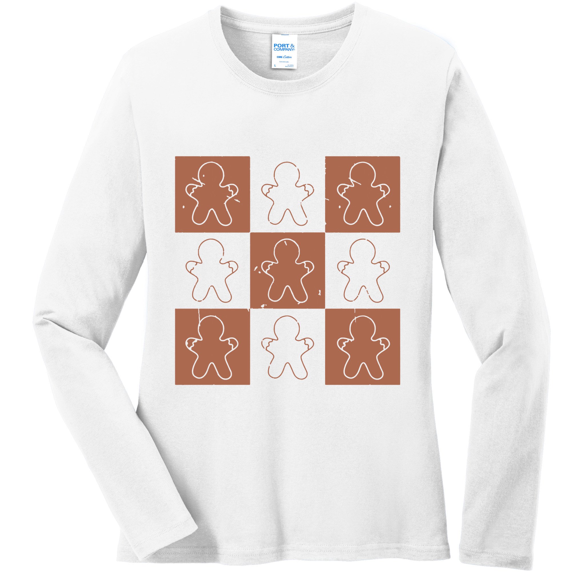 Checkered Gingerbread Man Retro Ladies Long Sleeve Shirt