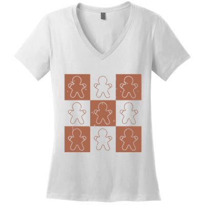 Checkered Gingerbread Man Retro Women's V-Neck T-Shirt